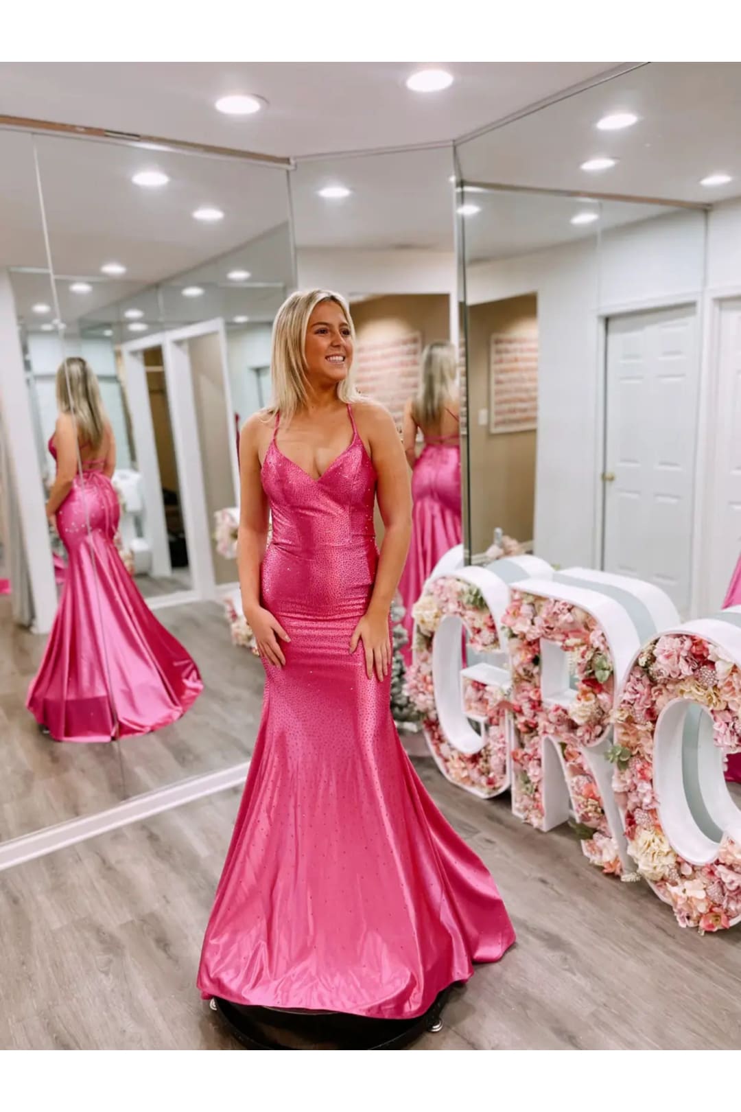 Beaded Satin Fitted Sleeveless Gown by Jovani 23010 - 00 / Hot Pink - Long Formal Dresses