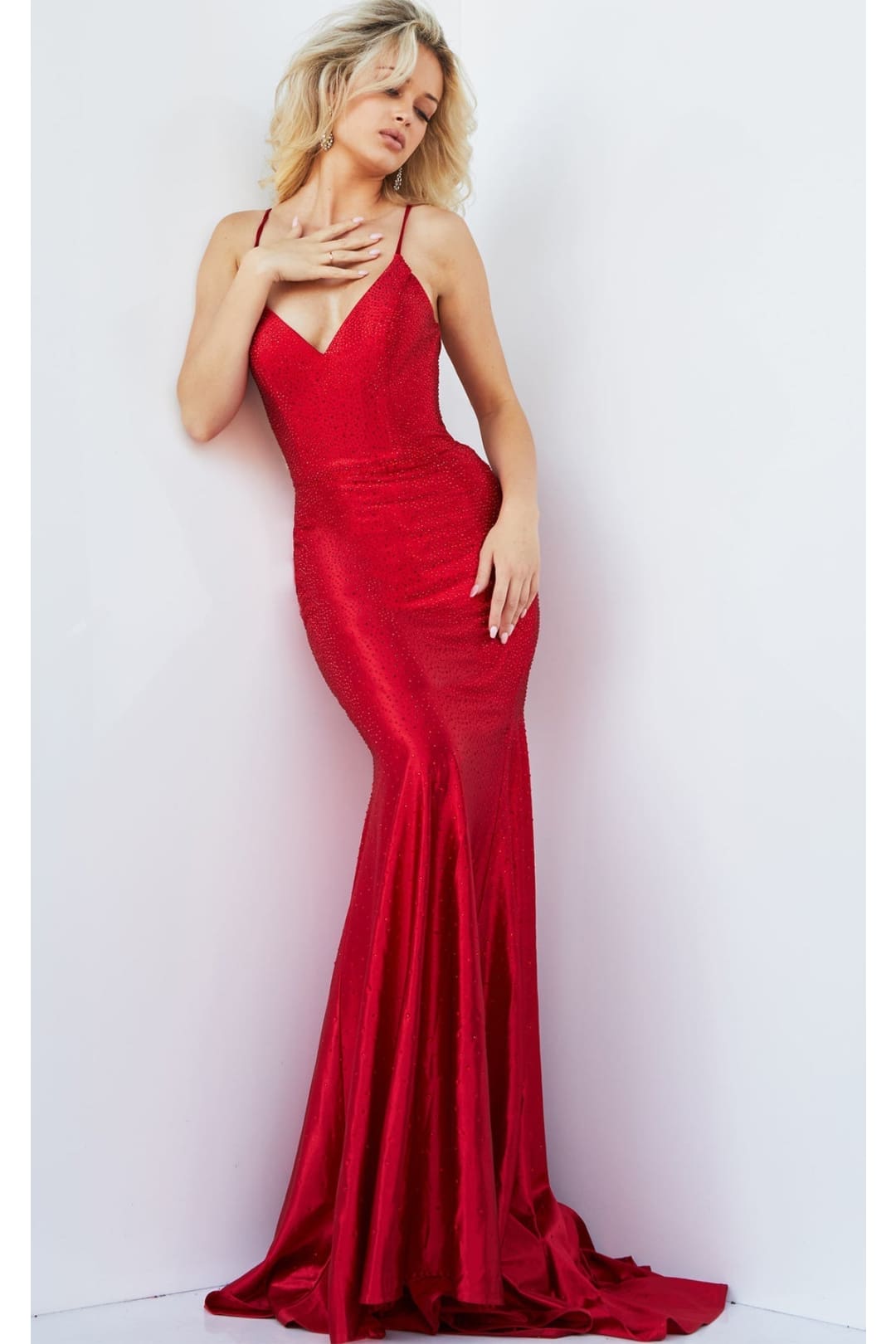 Beaded Satin Fitted Sleeveless Gown by Jovani 23010 - 00 / Red - Long Formal Dresses