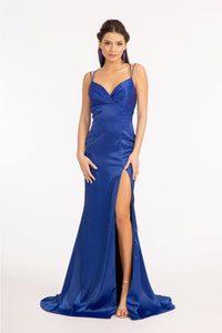Beaded Satin Fitted Slit Gown by Elizabeth K GL3038 - XS / Royal Blue - Long Formal Dresses