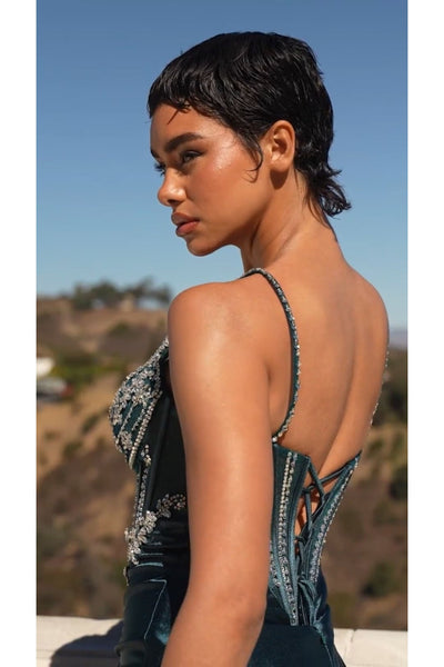 Beaded Satin Sleeveless Slit Gown by Ladivine CM383 - Long Formal Dresses