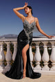 Beaded Satin Sleeveless Slit Gown by Ladivine CM383 - Black / Long Formal Dresses