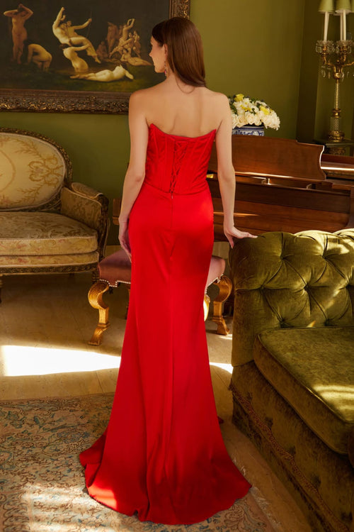 Beaded Satin Strapless Slit Gown by GLS Gloria GL3588 - Long Formal Dresses
