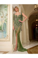Beaded Sheer Fitted Off Shoulder Slit Gown by Jovani 07031 - 00 / Green/Silver - Long Formal Dresses