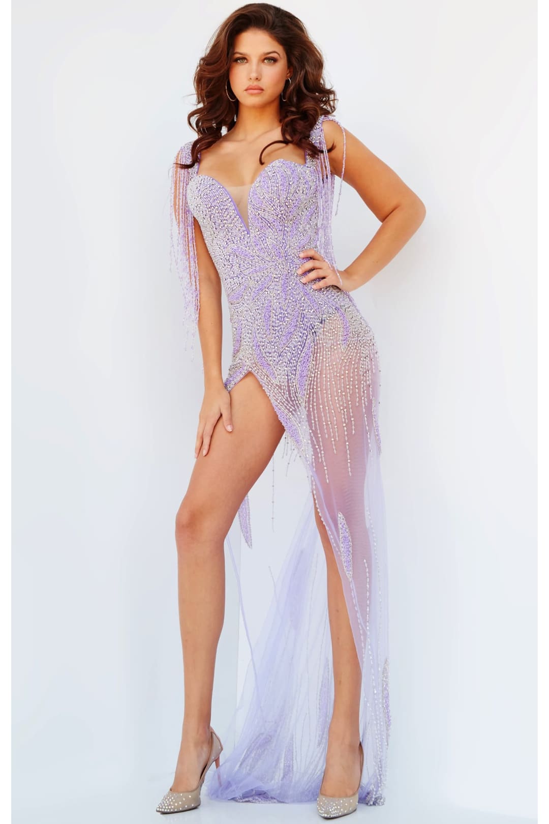 Beaded Sheer Fitted Off Shoulder Slit Gown by Jovani 07031 - 00 / Lavender/Silver - Long Formal Dresses