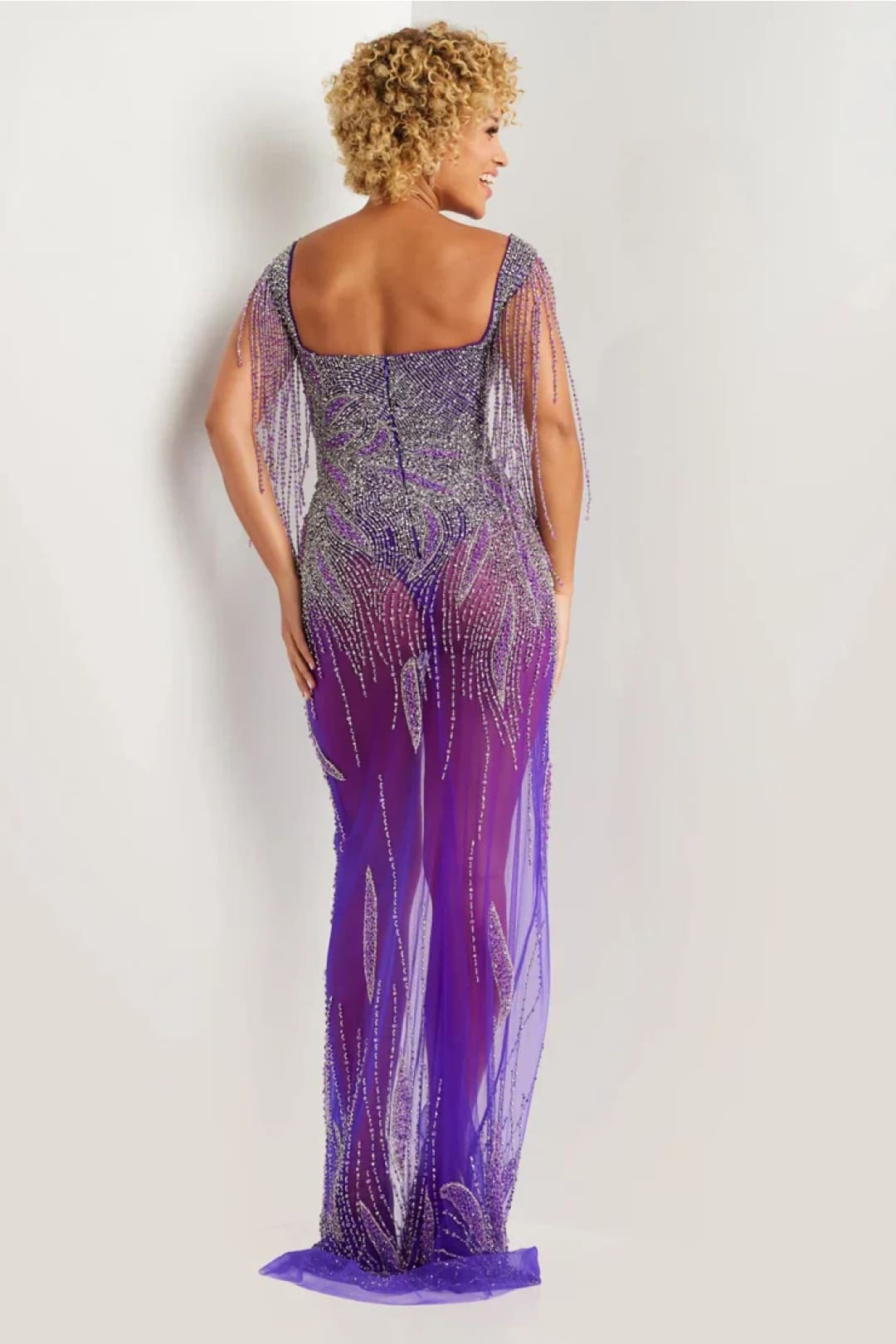 Beaded Sheer Fitted Off Shoulder Slit Gown by Jovani 07031 - 00 / Purple/Silver - Long Formal Dresses