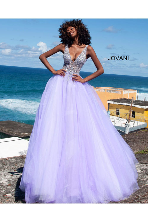 Beaded Sleeveless A-line Gown by Jovani 65379 - 00 / Lilac - Long Formal Dresses