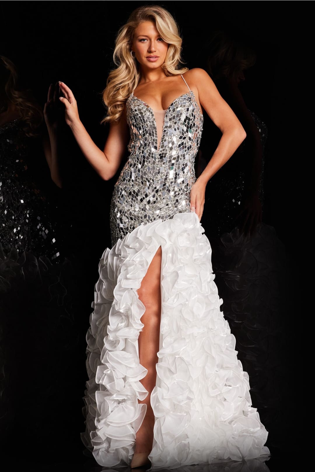 Beaded Sleeveless Ruffled Slit Gown by Jovani 37588 - 00 / Ivory - Long Formal Dresses