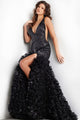 Beaded Sleeveless Ruffled Slit Gown by Jovani 38137 - 00 / Black/Black - Long Formal Dresses