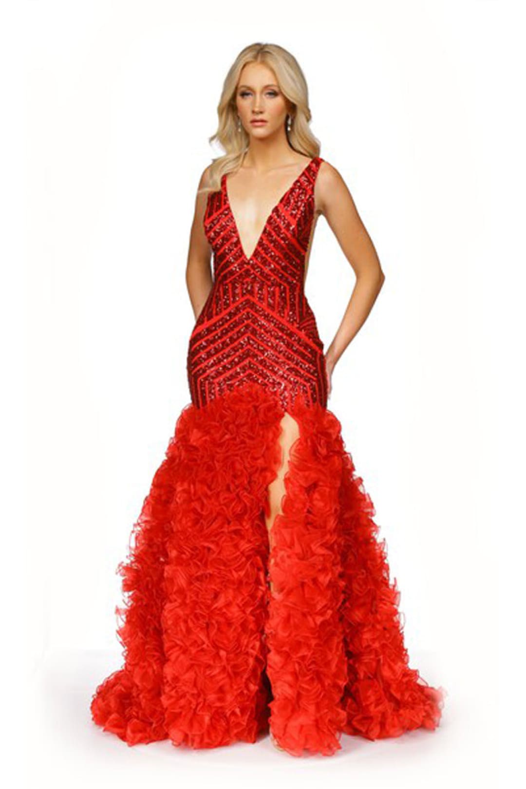Beaded Sleeveless Ruffled Slit Gown by Jovani 38137 - 00 / Red/Red - Long Formal Dresses