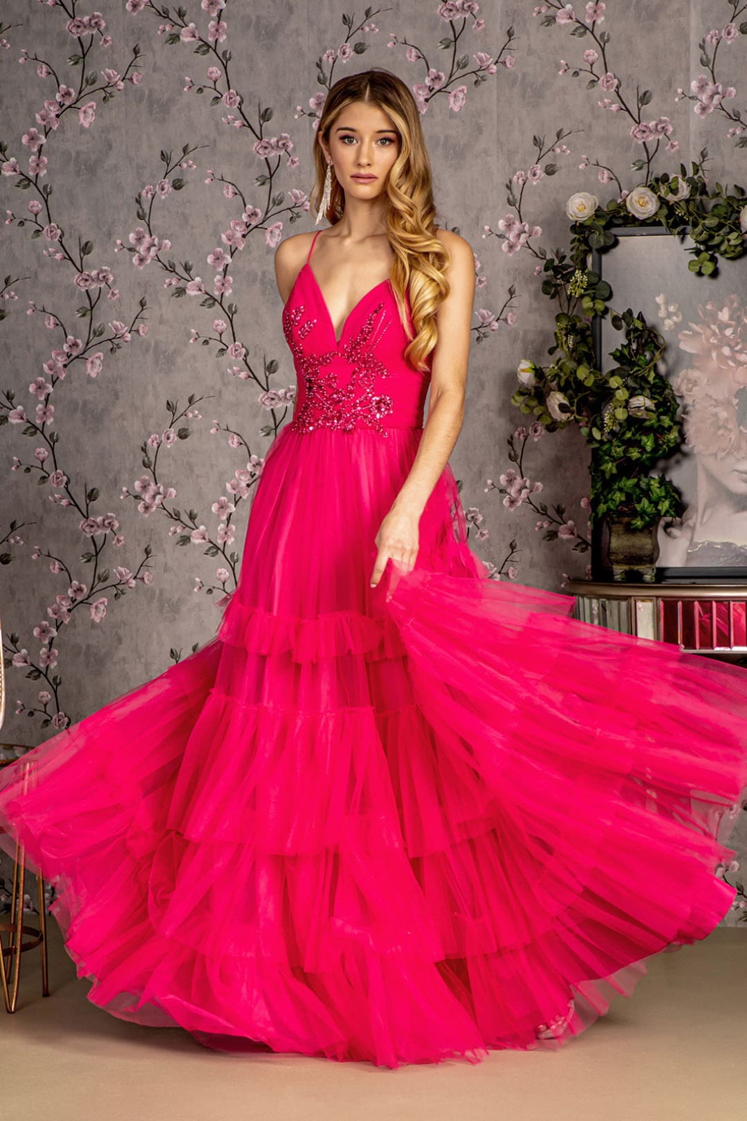 Beaded Sleeveless Tiered Ruffled Gown by GLS Gloria GL3452 - XS / Fuchsia - Long Formal Dresses