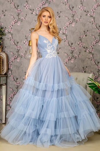 Beaded Sleeveless Tiered Ruffled Gown by GLS Gloria GL3452 - XS / Perry Blue - Long Formal Dresses