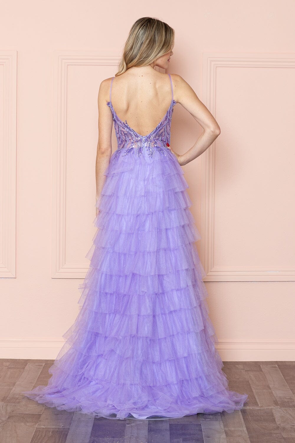 Poly USA 9408 Beaded Sleeveless Tiered Ruffled Slit Gown