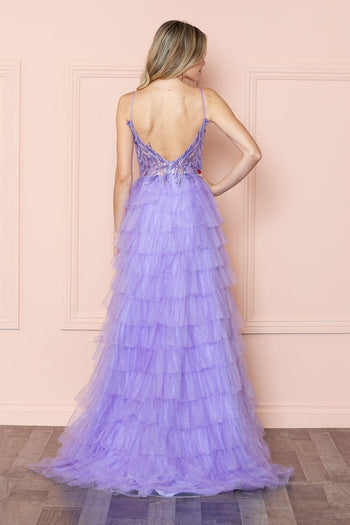 Poly USA 9408 Beaded Sleeveless Tiered Ruffled Slit Gown