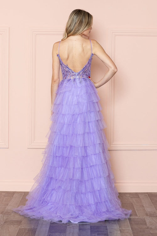 Poly USA 9408 Beaded Sleeveless Tiered Ruffled Slit Gown
