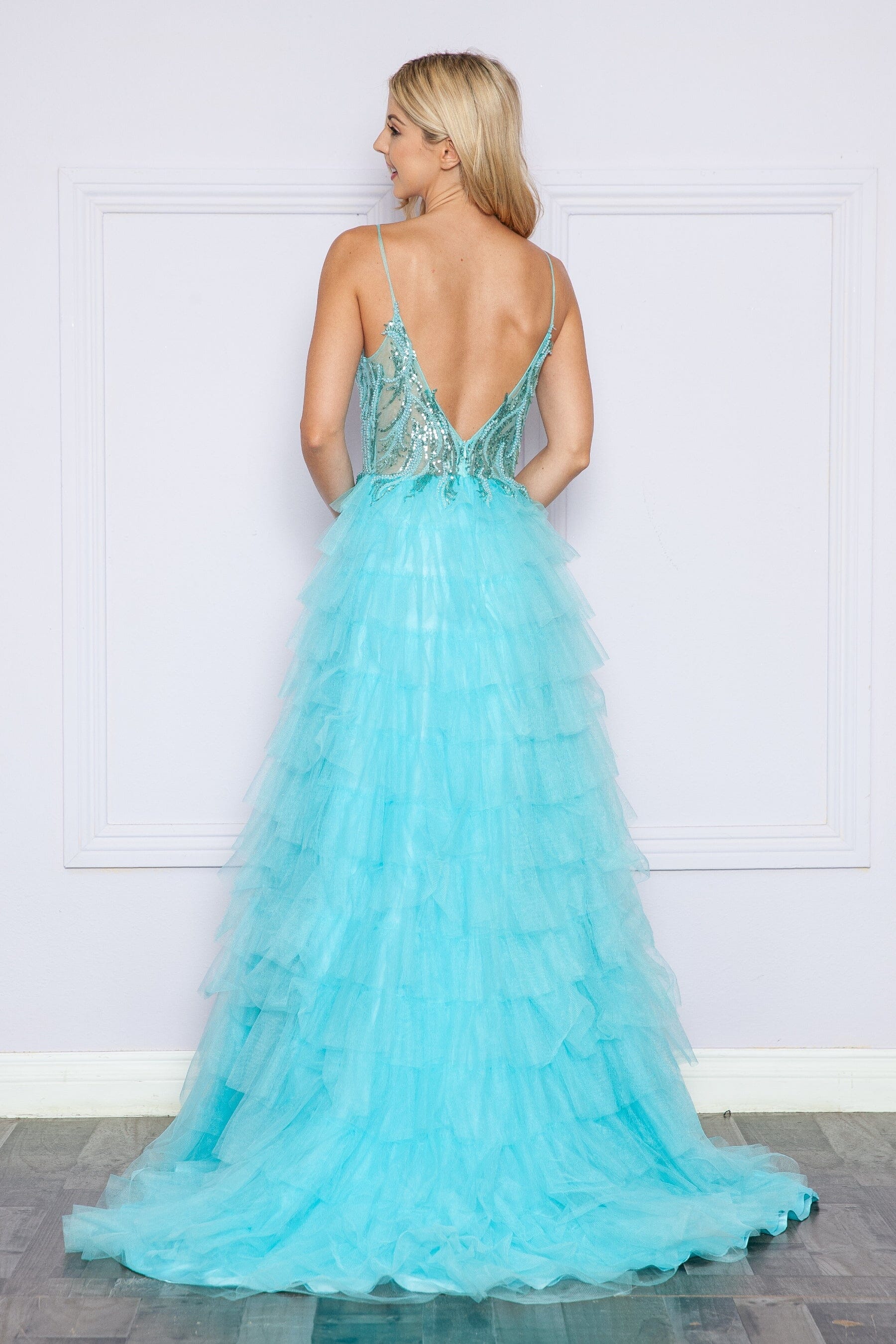 Poly USA 9408 Beaded Sleeveless Tiered Ruffled Slit Gown