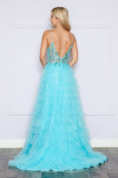 Poly USA 9408 Beaded Sleeveless Tiered Ruffled Slit Gown