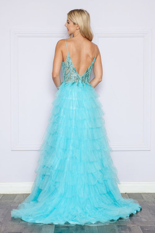 Poly USA 9408 Beaded Sleeveless Tiered Ruffled Slit Gown