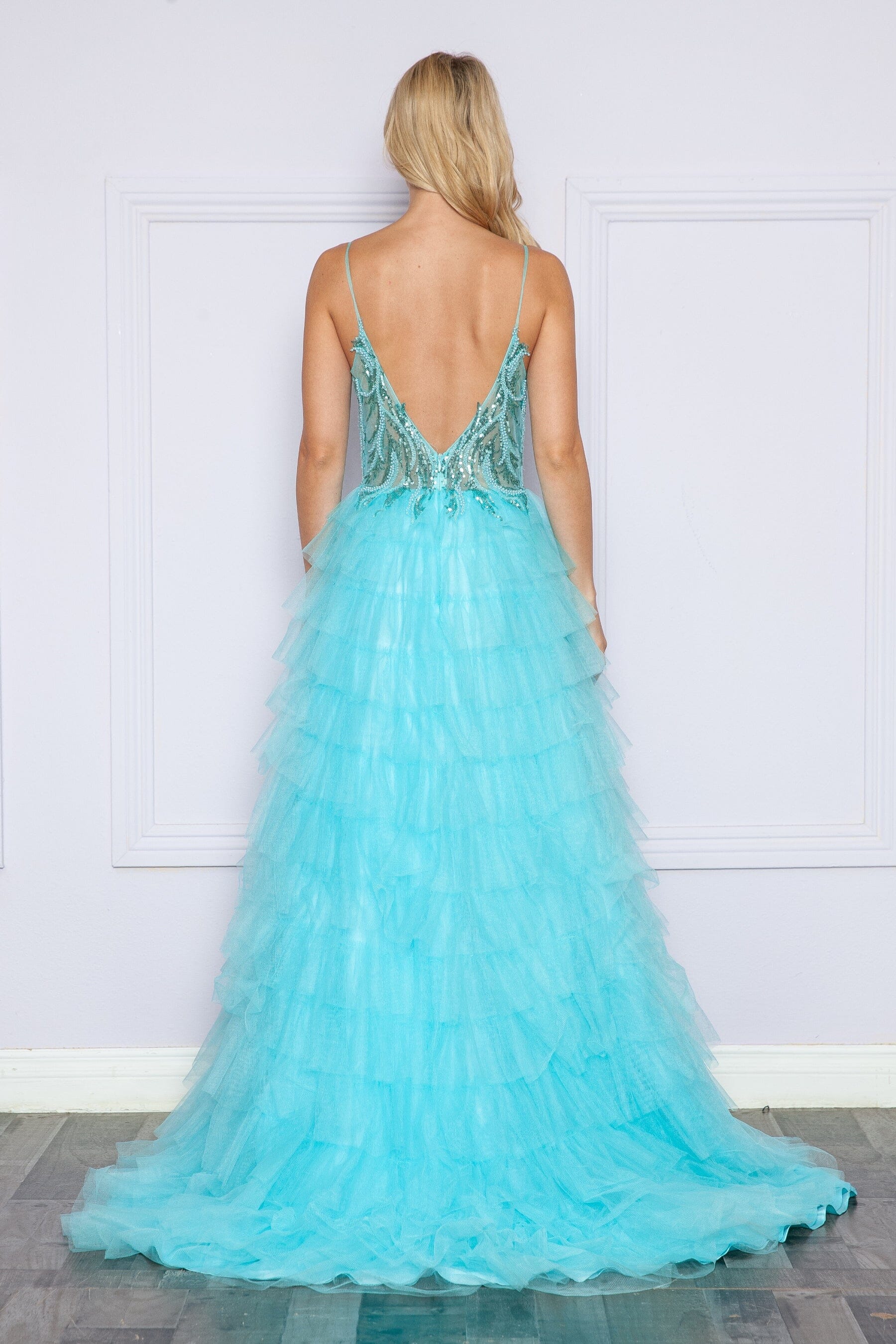 Poly USA 9408 Beaded Sleeveless Tiered Ruffled Slit Gown