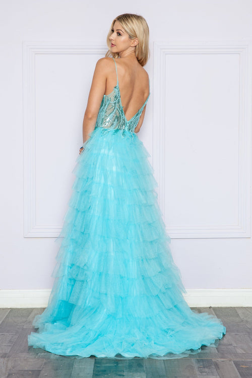Poly USA 9408 Beaded Sleeveless Tiered Ruffled Slit Gown