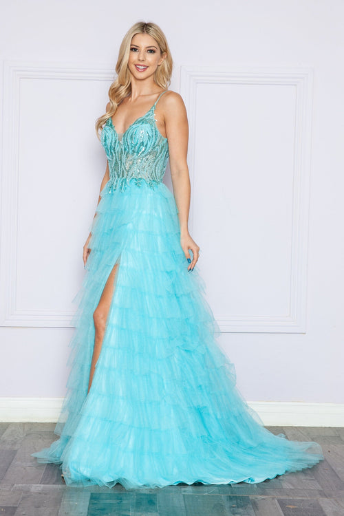 Poly USA 9408 Beaded Sleeveless Tiered Ruffled Slit Gown