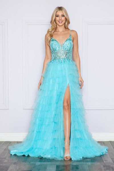 Poly USA 9408 Beaded Sleeveless Tiered Ruffled Slit Gown