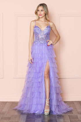 Poly USA 9408 Beaded Sleeveless Tiered Ruffled Slit Gown
