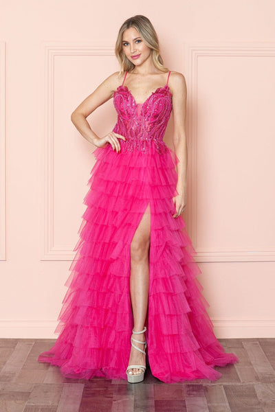 Poly USA 9408 Beaded Sleeveless Tiered Ruffled Slit Gown