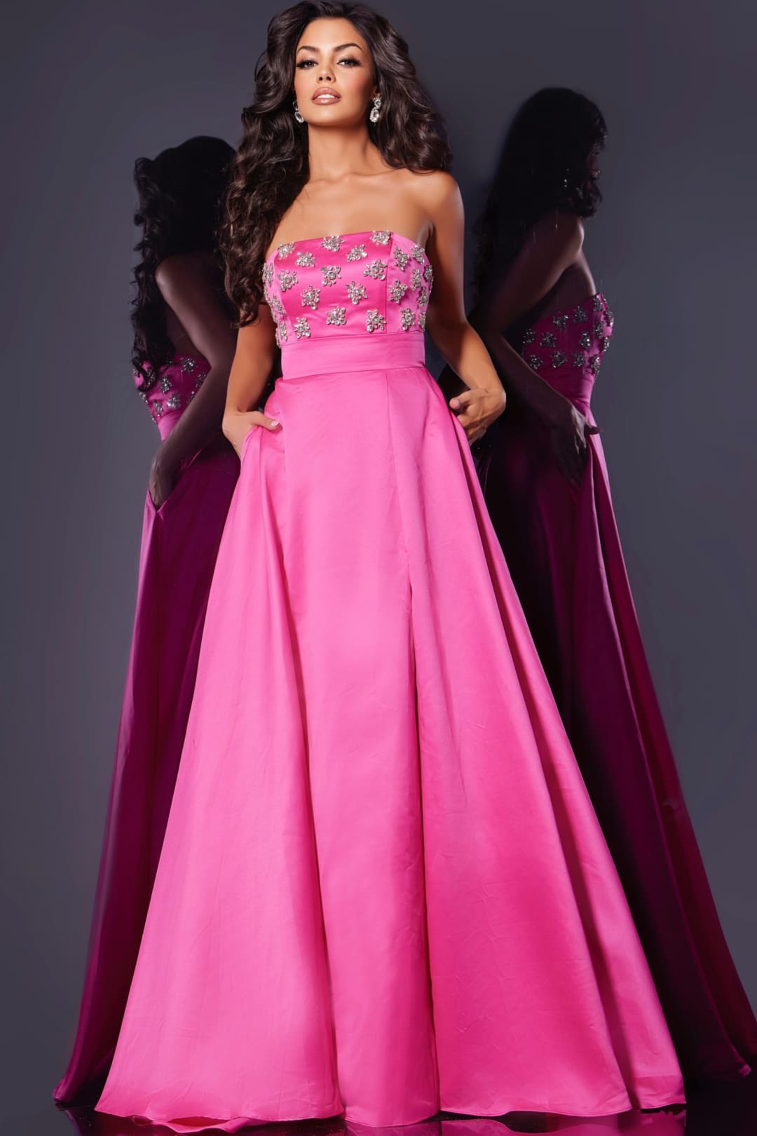 Beaded Strapless A-line Slit Gown by Jovani 43822 - 00 / Hot Pink - Long Formal Dresses