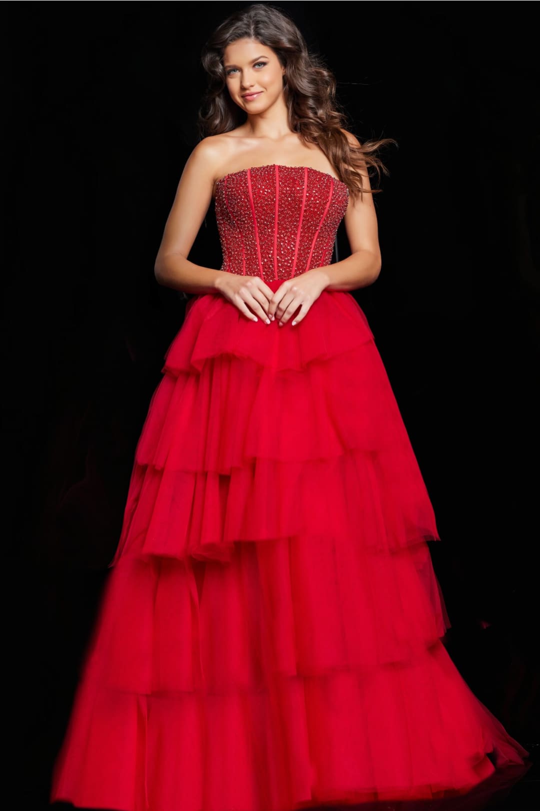 Beaded Strapless Tiered A-line Gown by Jovani 37210 - Long Formal Dresses