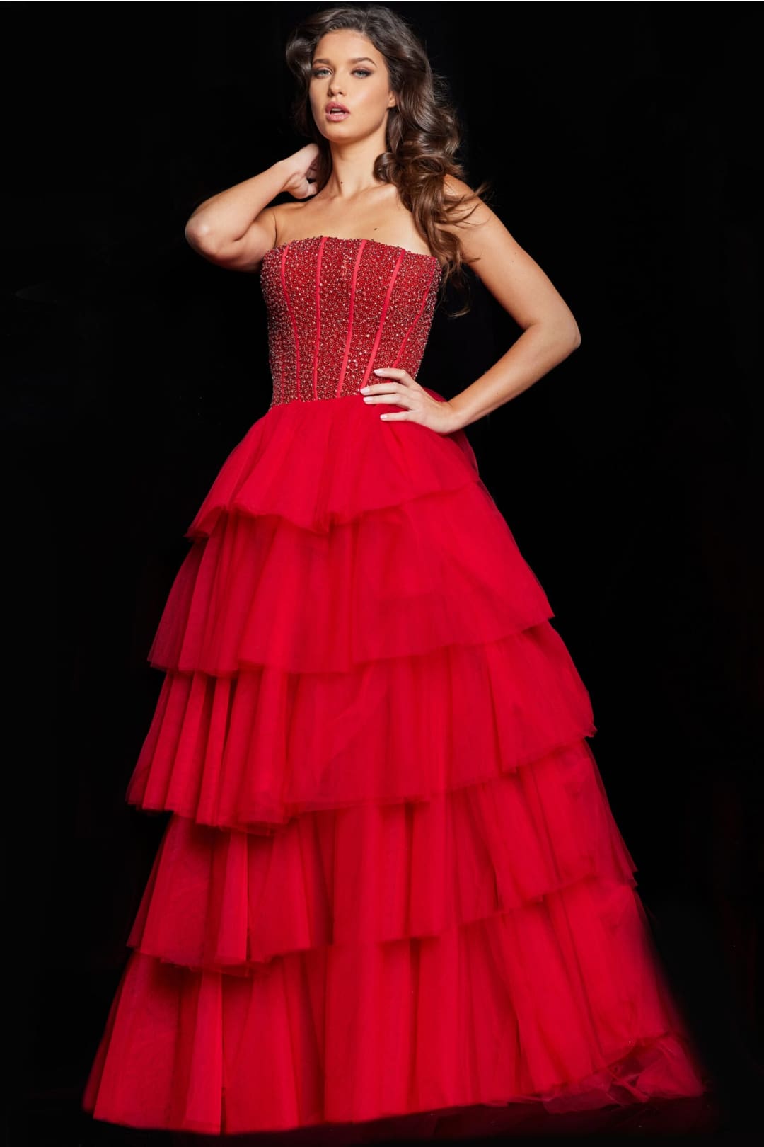 Beaded Strapless Tiered A-line Gown by Jovani 37210 - 00 / Red - Long Formal Dresses