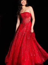 Beaded Tulle Strapless A-line Gown by Jovani 26109