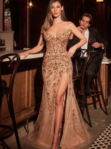 Ladivine Rose Gold Prom Dress Beaded Strapless Evening Gown CM382