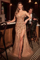Beaded Tulle Strapless Slit Gown by Ladivine CM382 - Rose Gold / 4 - Long Formal Dresses