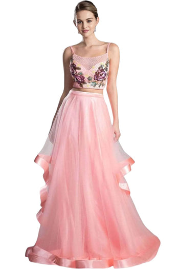 Beaded Two-Piece Tulle Evening Dress 2025 Formal Gown - Peach / 2 - Prom