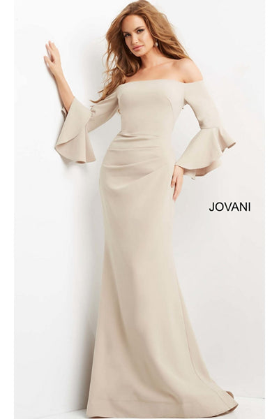 Bell-Sleeve Designer Evening Gown: Jovani 07065 - Champagne / 00 - Apparel & Accessories > Clothing > Dresses