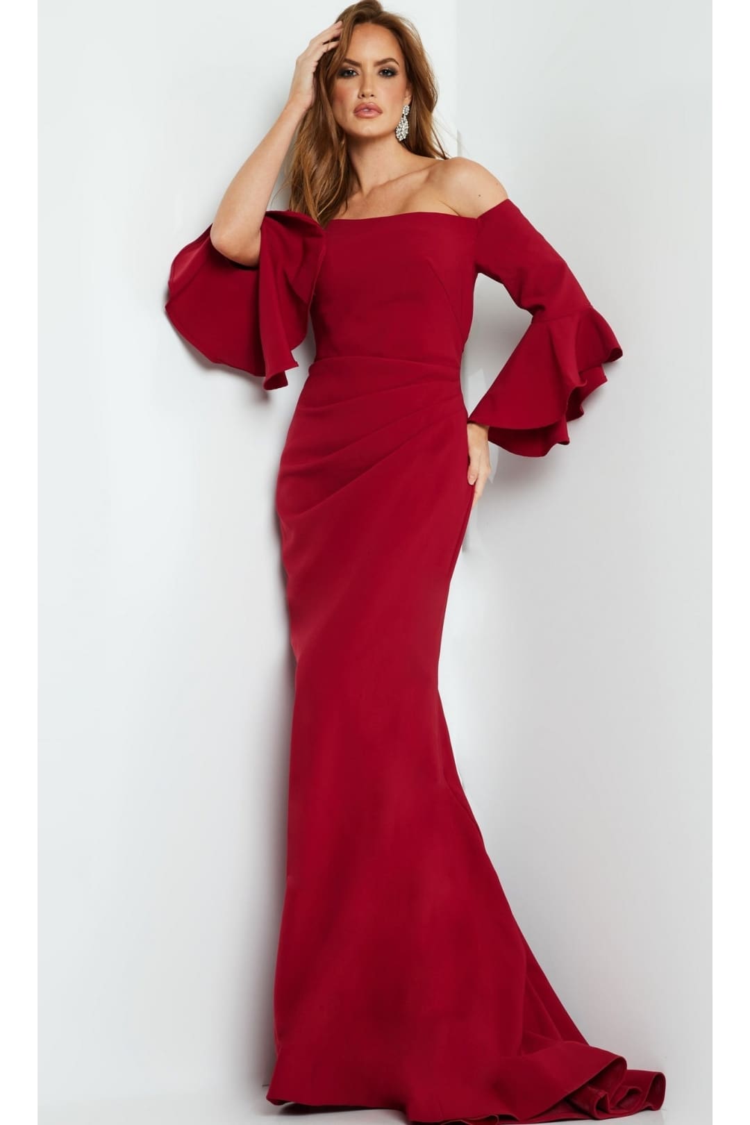Bell-Sleeve Designer Evening Gown: Jovani 07065 - Cranberry / 00 - Apparel & Accessories > Clothing > Dresses