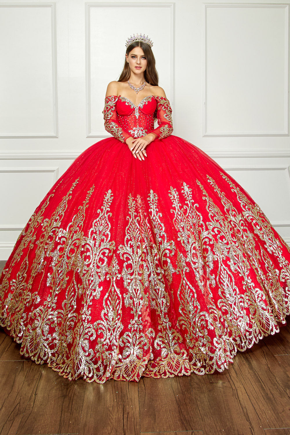 Off Shoulder Long Sleeve Ball Gown by Bella Princess PQ1065
