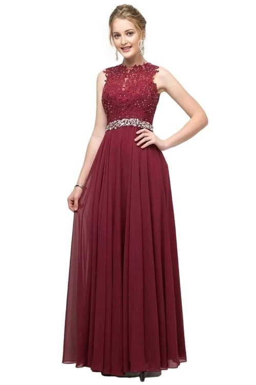 Belted Lace Chiffon Dress 2025 Elegant A-Line Evening Gown - Burgundy / XS - Prom