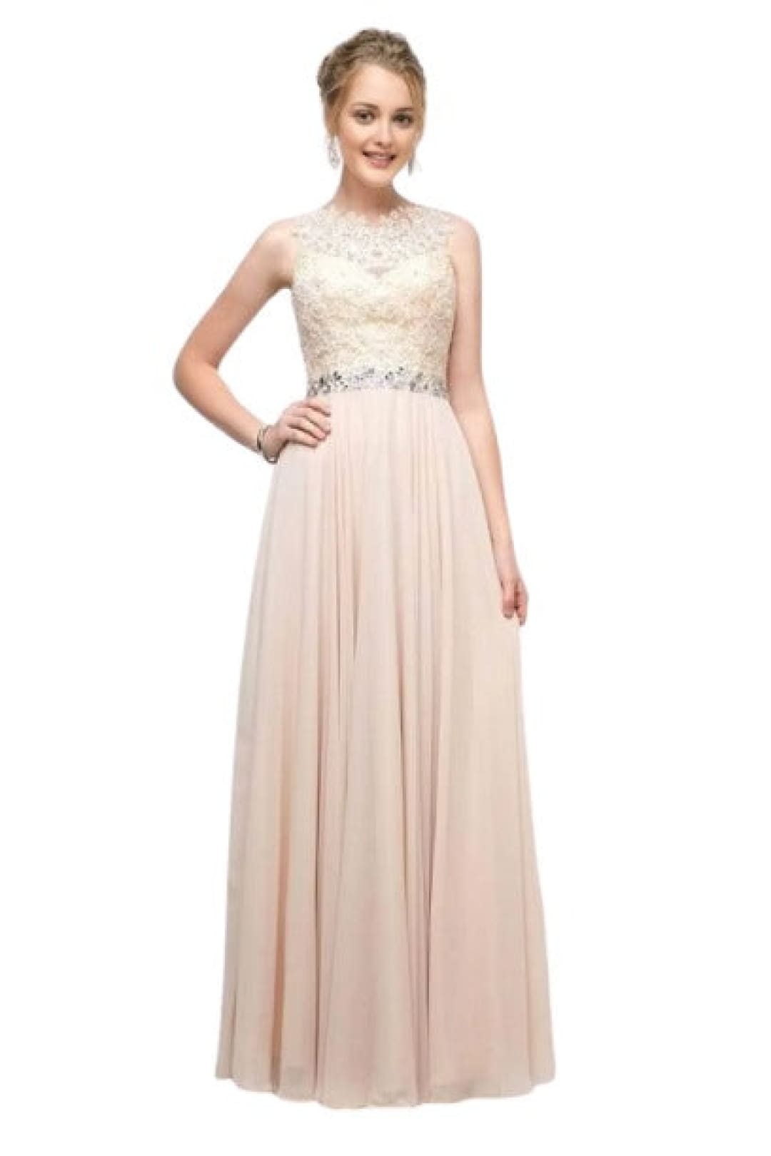 Belted Lace Chiffon Dress 2025 Elegant A-Line Evening Gown - Champagne / XS - Prom