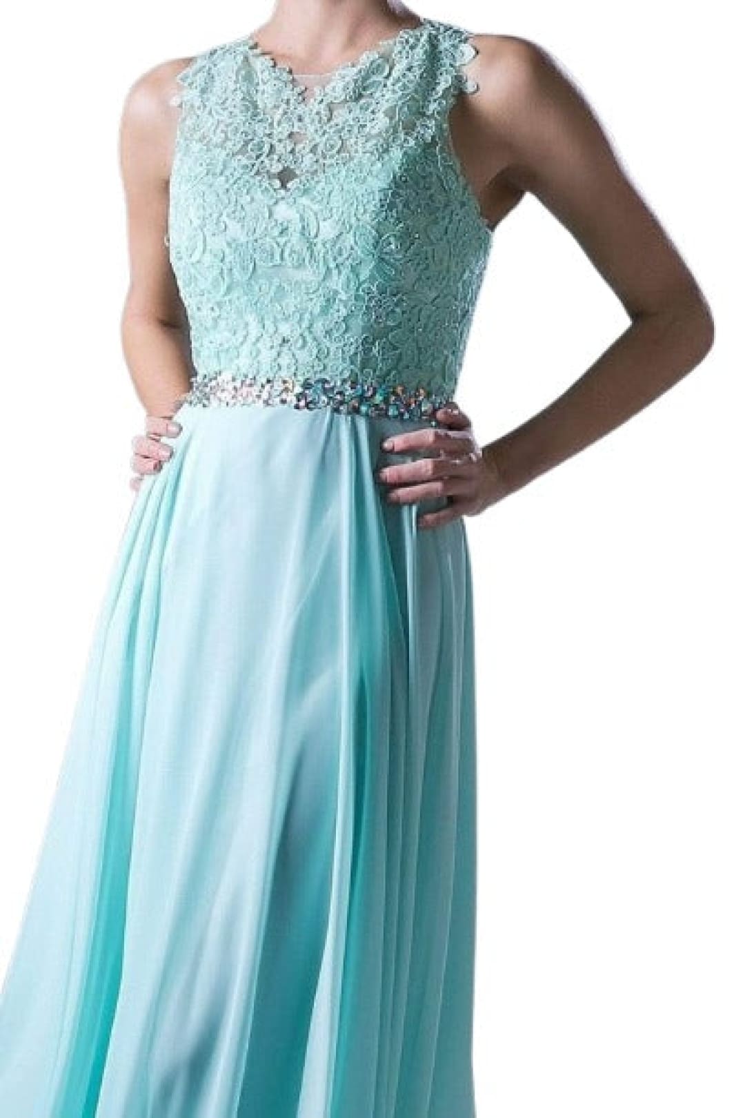 Belted Lace Chiffon Dress 2025 Elegant A-Line Evening Gown - Mint / XS - Prom