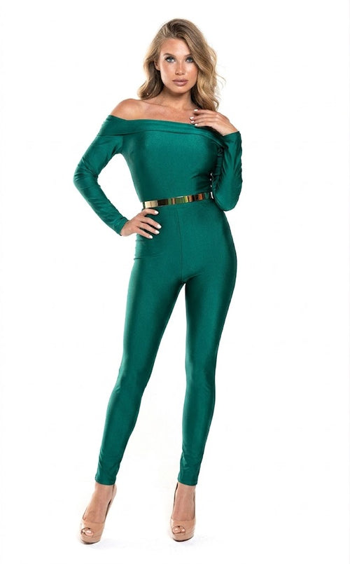 Off Shoulder Long-Sleeve Jumpsuit with Belt Sleek Bodycon Evening Dress by Jessica Angel 868