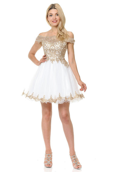 Off-Shoulder A-Line Short Dress with Gold Embroidery Tulle Skirt By Lenovia 8124