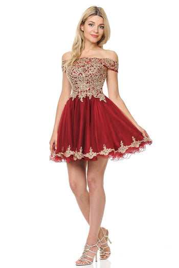 Off-Shoulder A-Line Short Dress with Gold Embroidery Tulle Skirt By Lenovia 8124