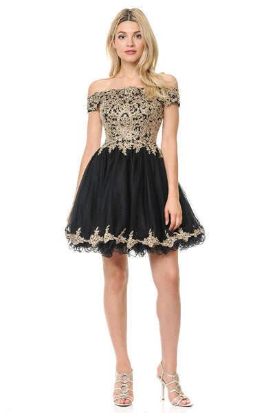Off-Shoulder A-Line Short Dress with Gold Embroidery Tulle Skirt By Lenovia 8124