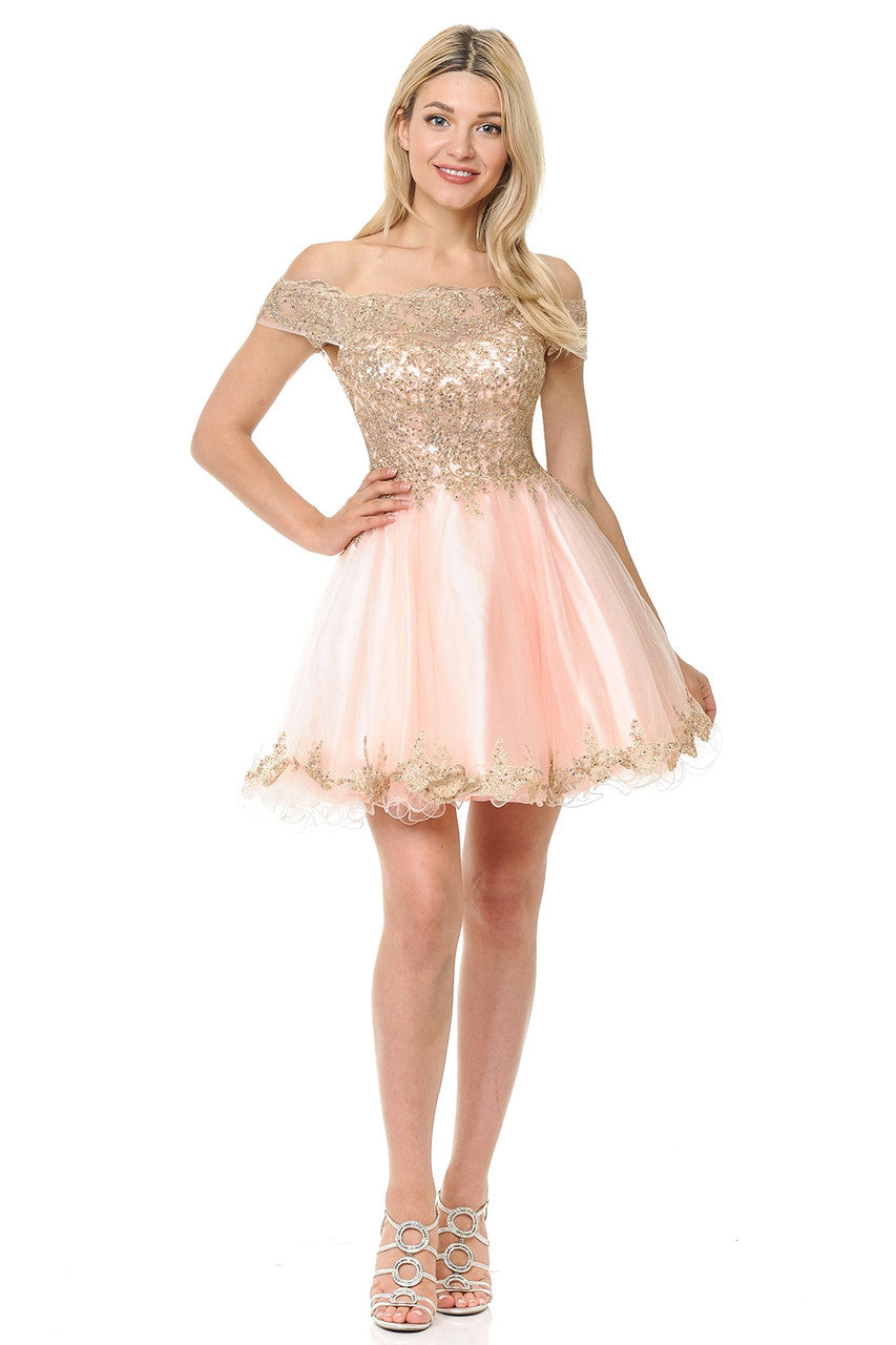 Off-Shoulder A-Line Short Dress with Gold Embroidery Tulle Skirt By Lenovia 8124