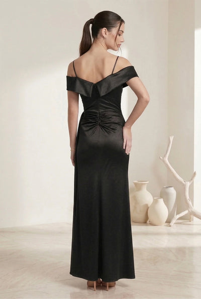 Off-Shoulder Satin Evening Gown with Ruched Waist & High Slit Sweetheart Neckline by Perrty 3130