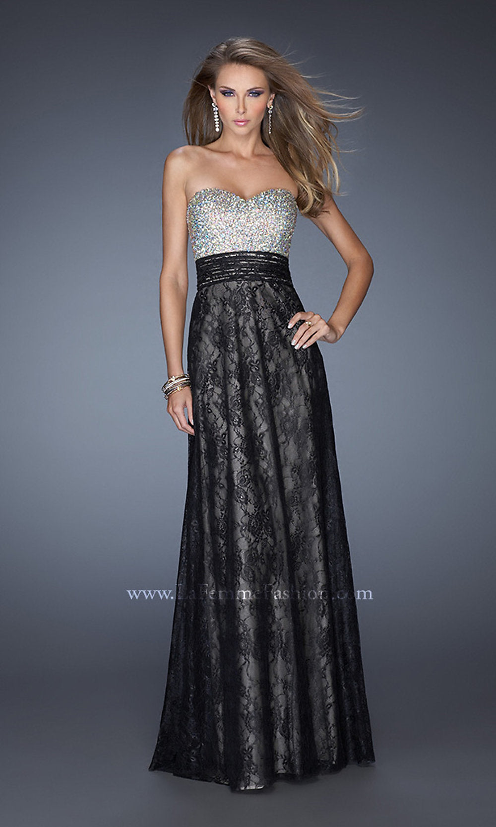 La Femme-Full Length Sweetheart Open Back Lace Gown