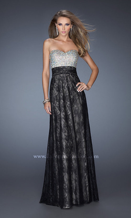La Femme-Full Length Sweetheart Open Back Lace Gown