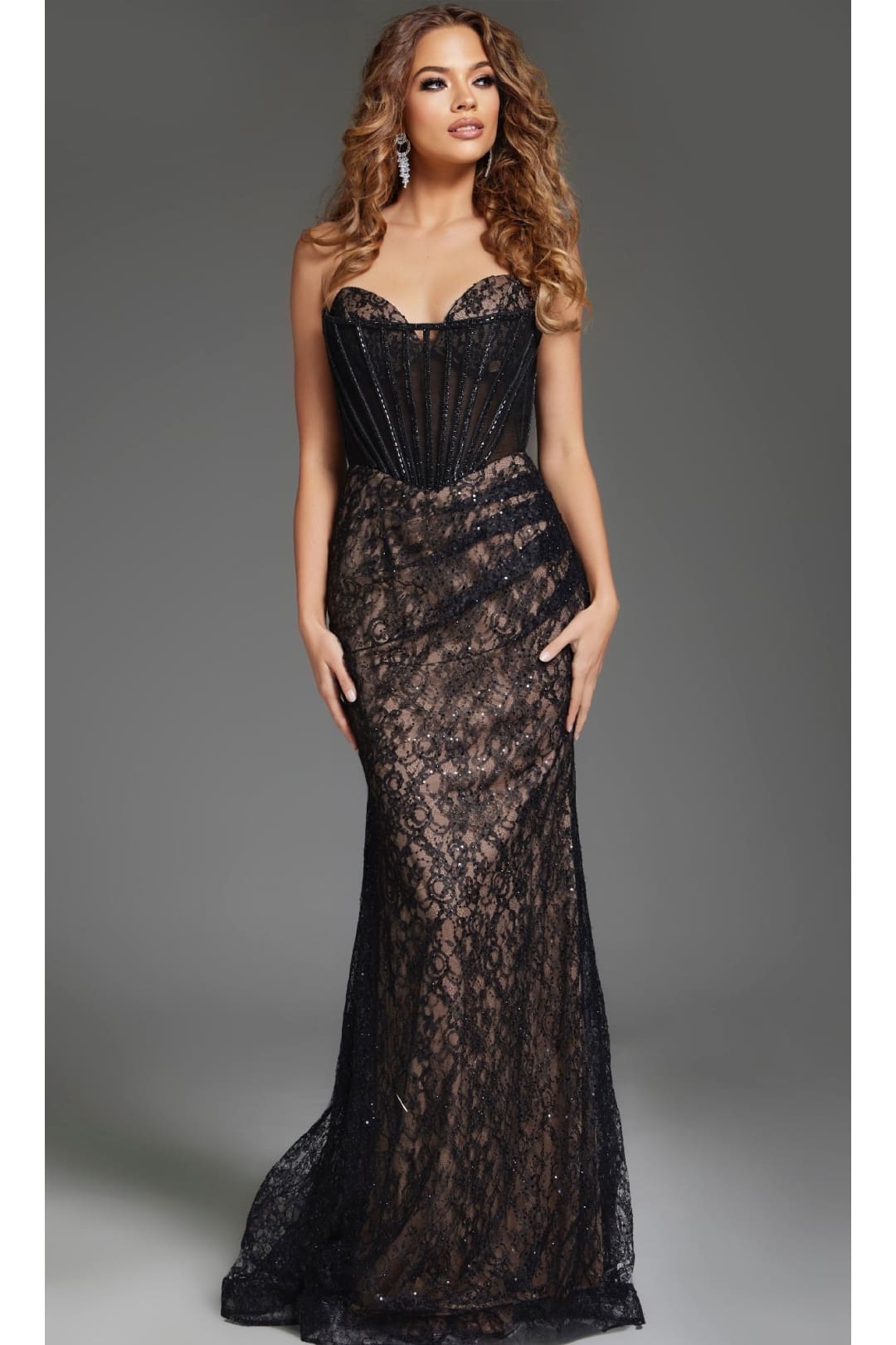 evening dresses with lace overlay Cream White Lace Off-the-Shoulder Evening Gown with Sheer Overlay main image 1