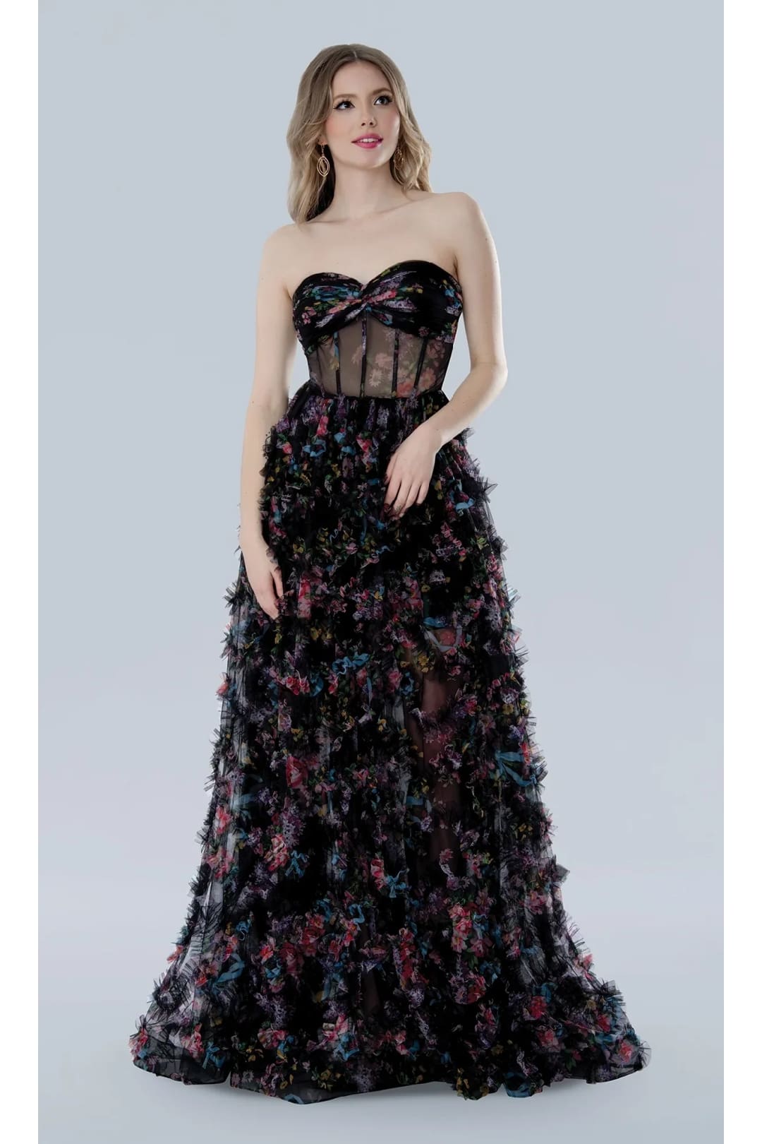 Black Print Prom Dress Strapless Corset Ball Gown Stella Couture 25117 - Black / 2 - Dresses